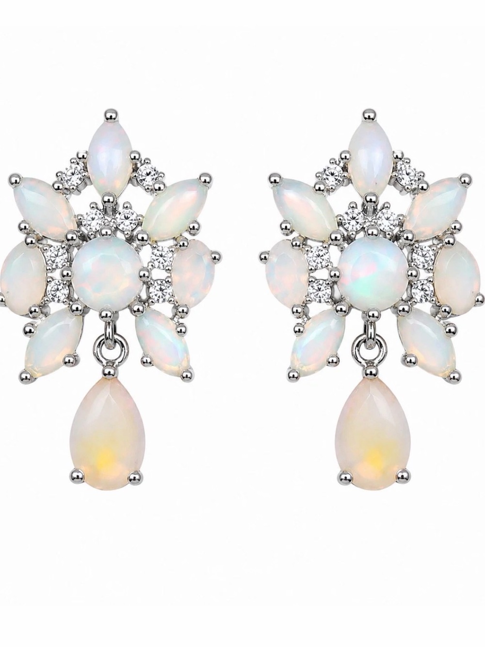 Enchanting Natural White Opal& Zircon Dangle Earrings 925 Sterling Silver